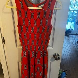 Issa London Vibrant Red Midi Dress with Black Pattern